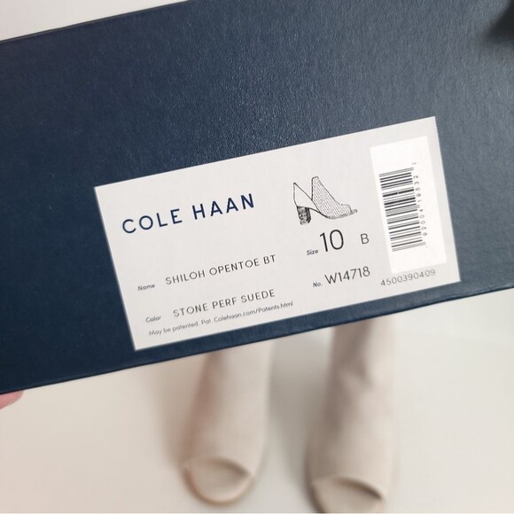 Cole Haan Suede Open Toe Booties Slip-On Taupe Perforated New - Picture 14 of 14